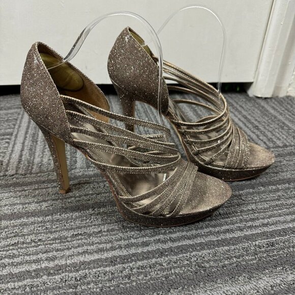 Gianni Bini gold metallic strappy stiletto open toe heels. - Picture 4 of 8